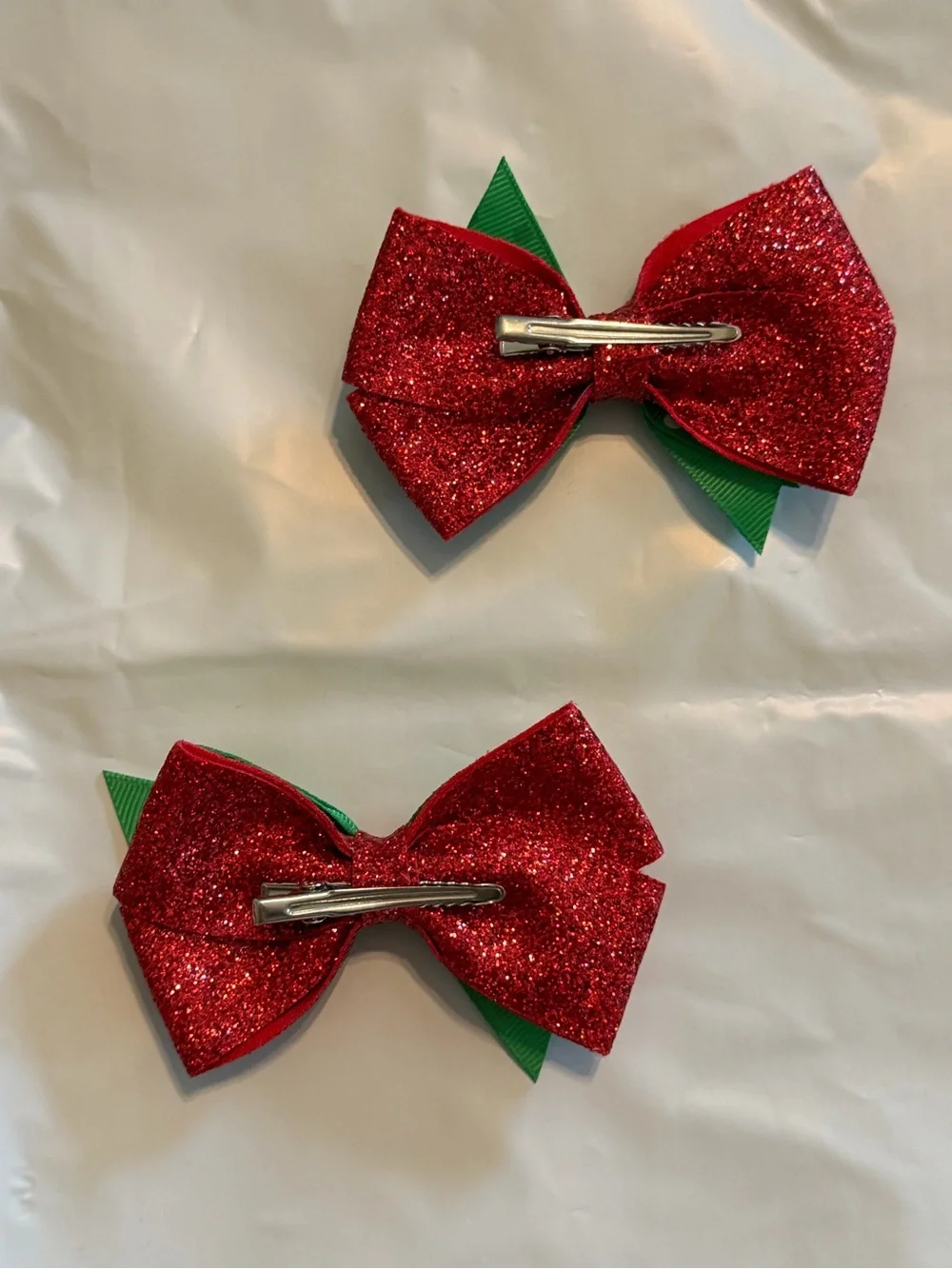 Kids Green Polka Dot & Red Glitter Bow Hair Clips
